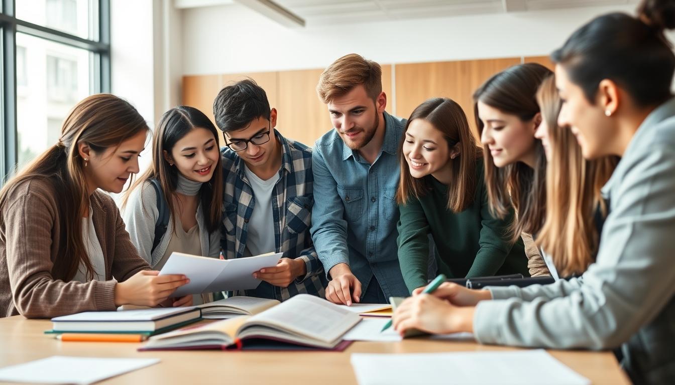 Students studying together in modern classroom